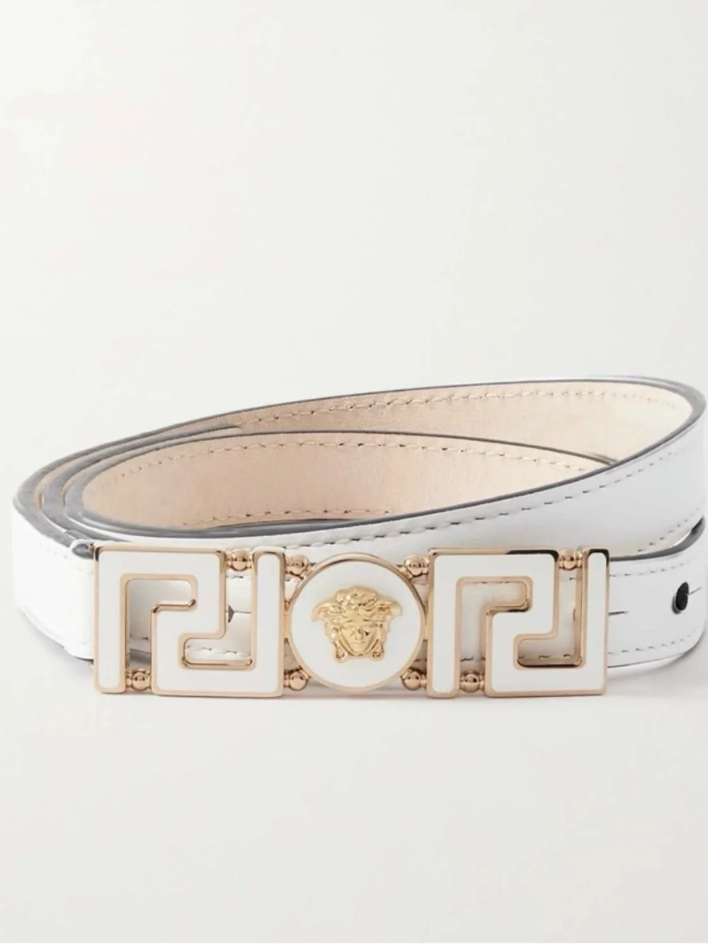 Versace Greca Goddess White Leather Belt with Gold Medusa Medallion Buckle